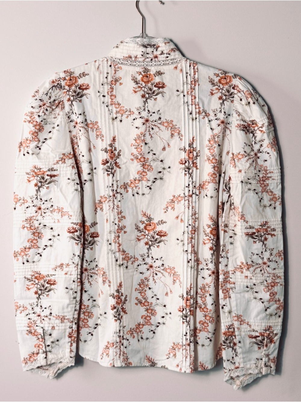 LoveShackFancy Laredo Pintuck Lace Cotton Blouse Ivory Pink Floral Size Medium - Picture 6 of 11